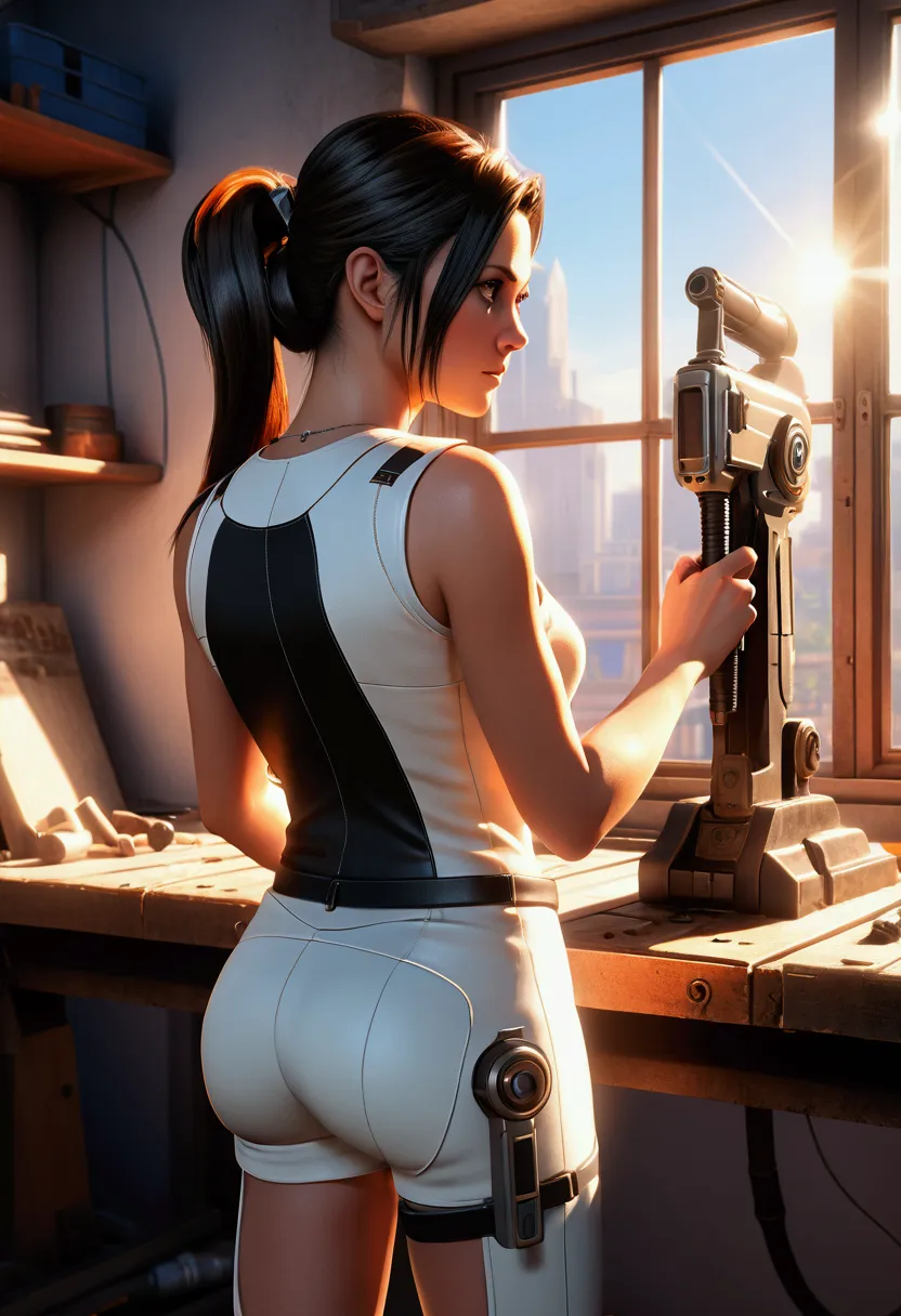 chell, horse tail, sleeveless, clothing around the waist, clean a portal gun on a workbench., bright morning sunlight shining th...