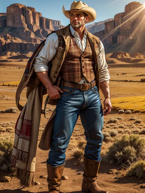 illustration in leyendecker style; photo of jjperson , standing on a ranch, dressed as a cowboy, shirt, vest, pants, chaps, jean...