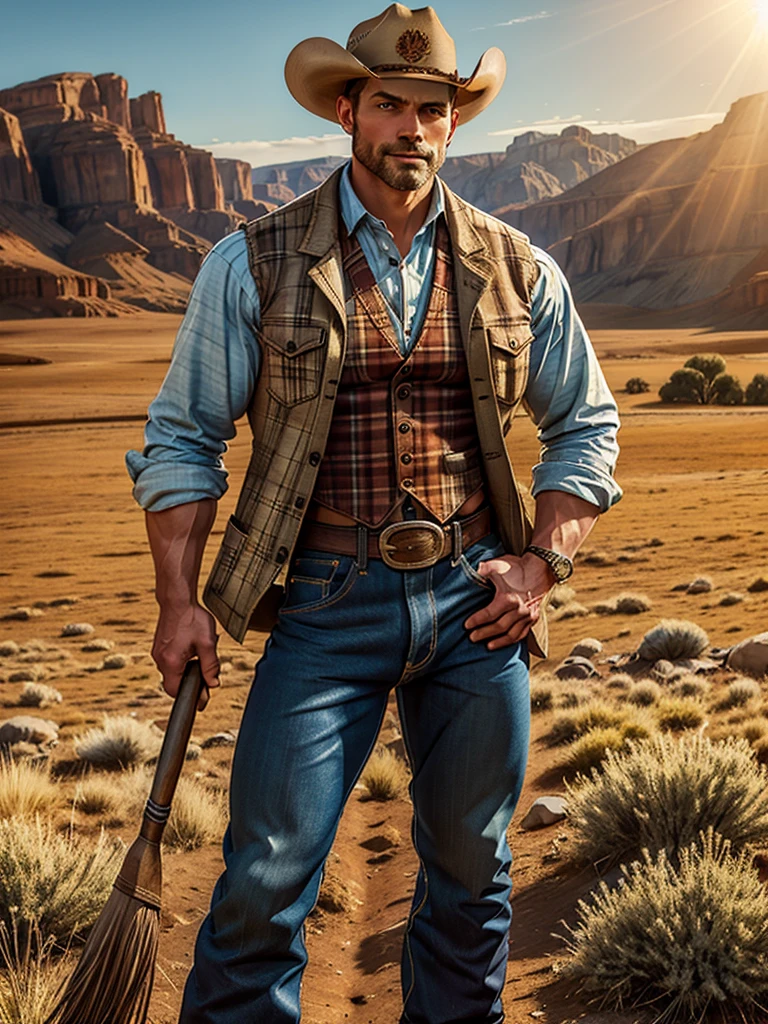  illustration in Leyendecker style; photo of jjperson , standing on a ranch, dressed as a cowboy, shirt, vest, pants, chaps, jeans, plaid, belt, natural sunlight, rustic-aesthetic, sweeping western landscape background