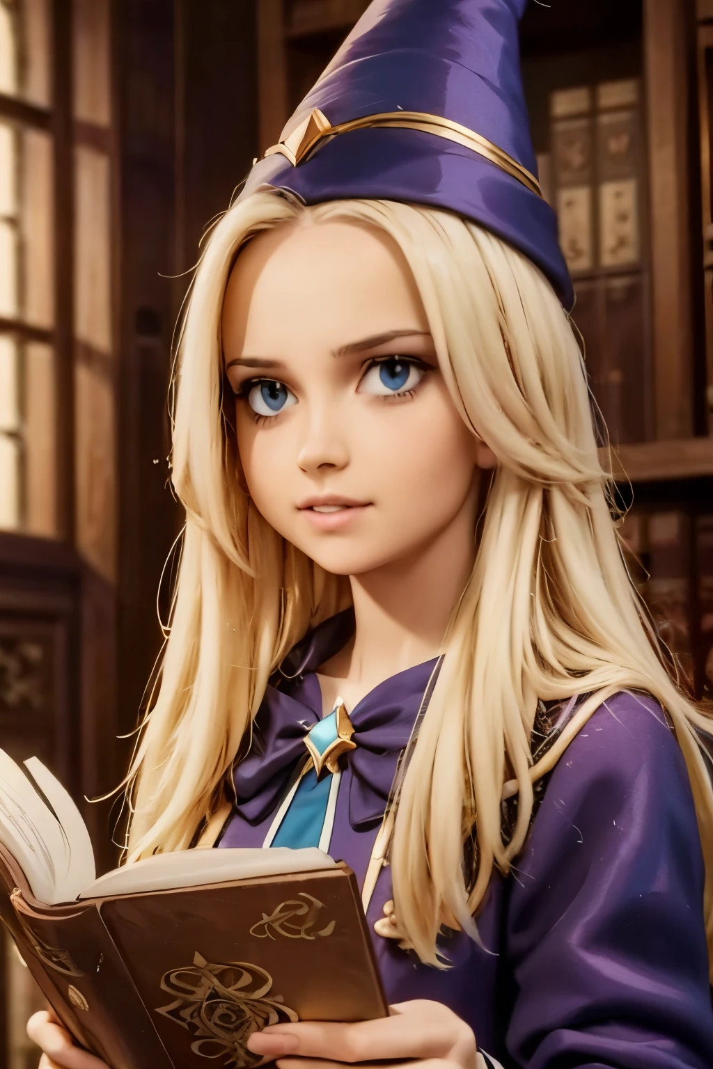 dark magician girl, masterpiece, best quality, (1girl), solo, (water), long hair, blonde hair, blue headwear, wizard hat, spell casting, castle, castle:2, motion blur, book, magic, (moonlight:1.2), chromatic aberration, depth of field, soft lighting, highly detailed face, highly detailed eyes, 