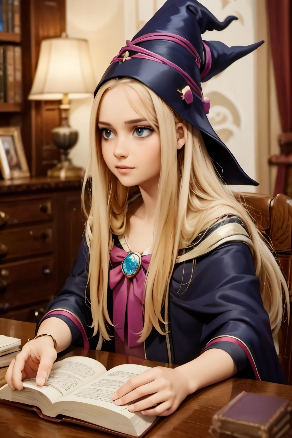 dark magician girl, masterpiece, best quality, (1girl), solo, (water), long hair, blonde hair, blue headwear, wizard hat, spell casting, castle, castle:2, motion blur, book, magic, (moonlight:1.2), chromatic aberration, depth of field, soft lighting, highly detailed face, highly detailed eyes, 