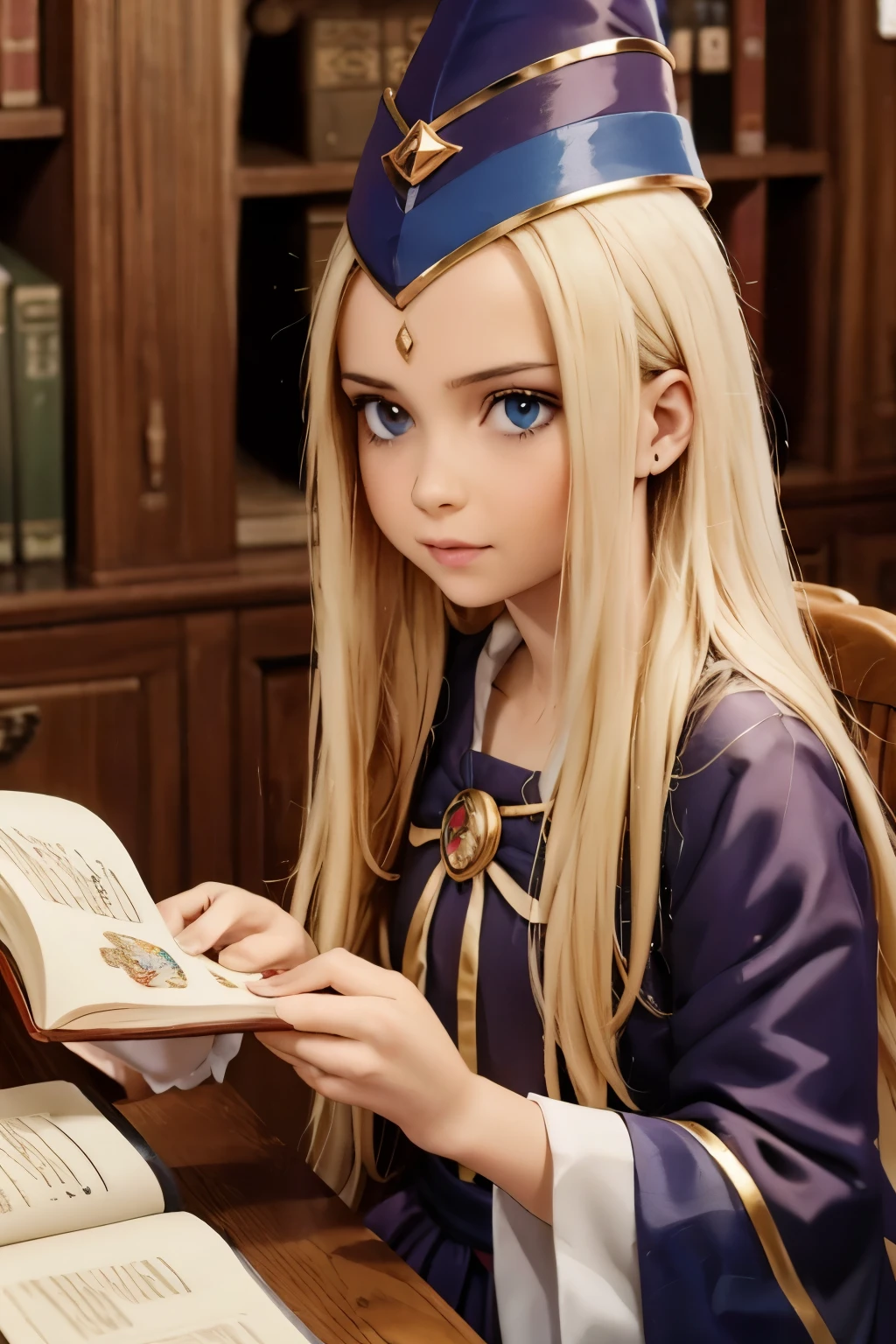 dark magician girl, masterpiece, best quality, (1girl), solo, (water), long hair, blonde hair, blue headwear, wizard hat, spell casting, castle, castle:2, motion blur, book, magic, (moonlight:1.2), chromatic aberration, depth of field, soft lighting, highly detailed face, highly detailed eyes, 