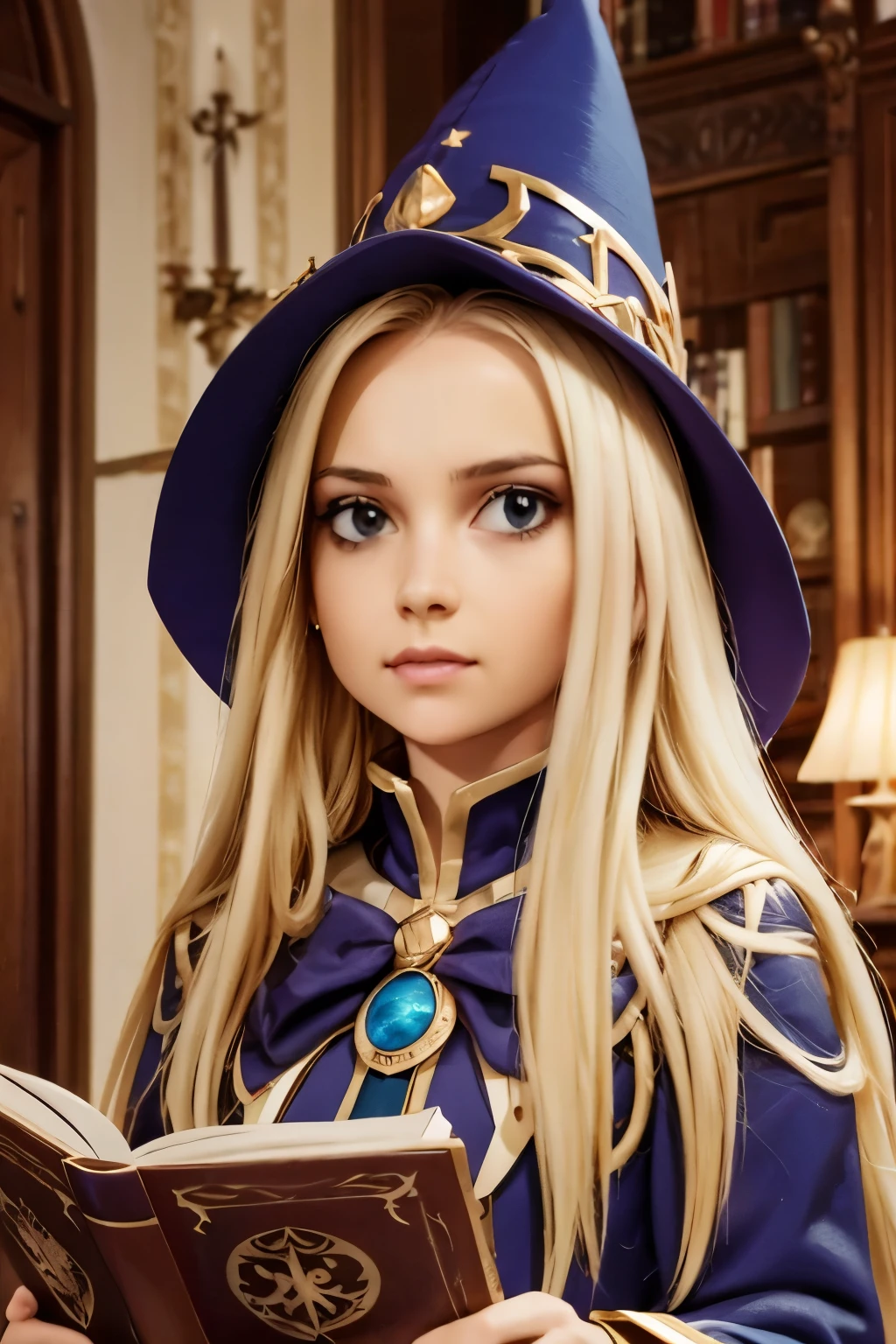 dark magician girl, masterpiece, best quality, (1girl), solo, (water), long hair, blonde hair, blue headwear, wizard hat, spell casting, castle, castle:2, motion blur, book, magic, (moonlight:1.2), chromatic aberration, depth of field, soft lighting, highly detailed face, highly detailed eyes, 