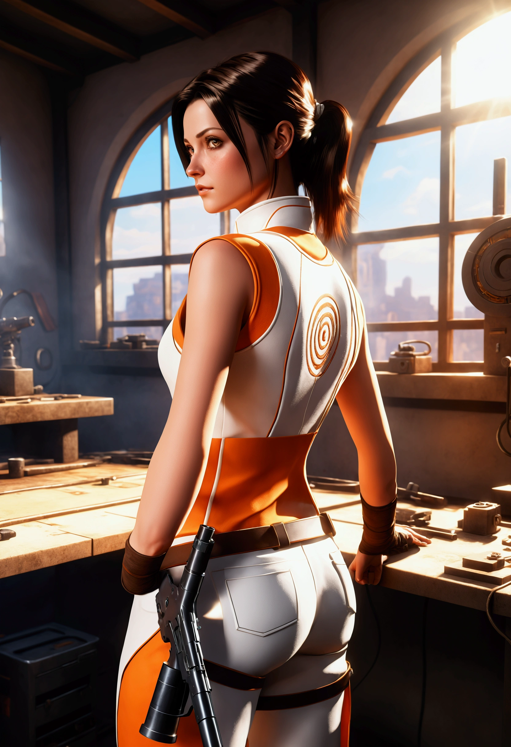 chell, Horse tail, sleeveless, clothing around the waist, Clean a portal gun on a workbench., Bright morning sunlight shining through the window. (stylezrpg) (masterpiece:1.2) (illustration:1.2) (Best Quality:1.2) (detailed) (Intricate) (8k) (HdR) (cinematic lighting) (sharp focus)