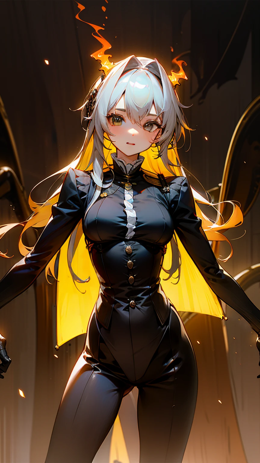 ((Highest quality)), ((masterpiece)), ((detailed)),(Browsing Caution) Black Dragon Parasitic Girl 

(Gray bodysuit )
Long Hair
(Hot and glowing skin) 　seductive smile panties under pantyhose