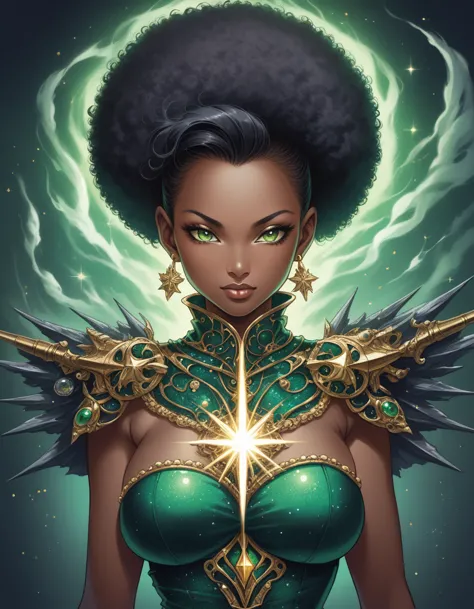 atmosfera oleosa sombria 4d style cat leona sexy picture of a grown-up magical girl sexy cute mature face hair afro black + gold...