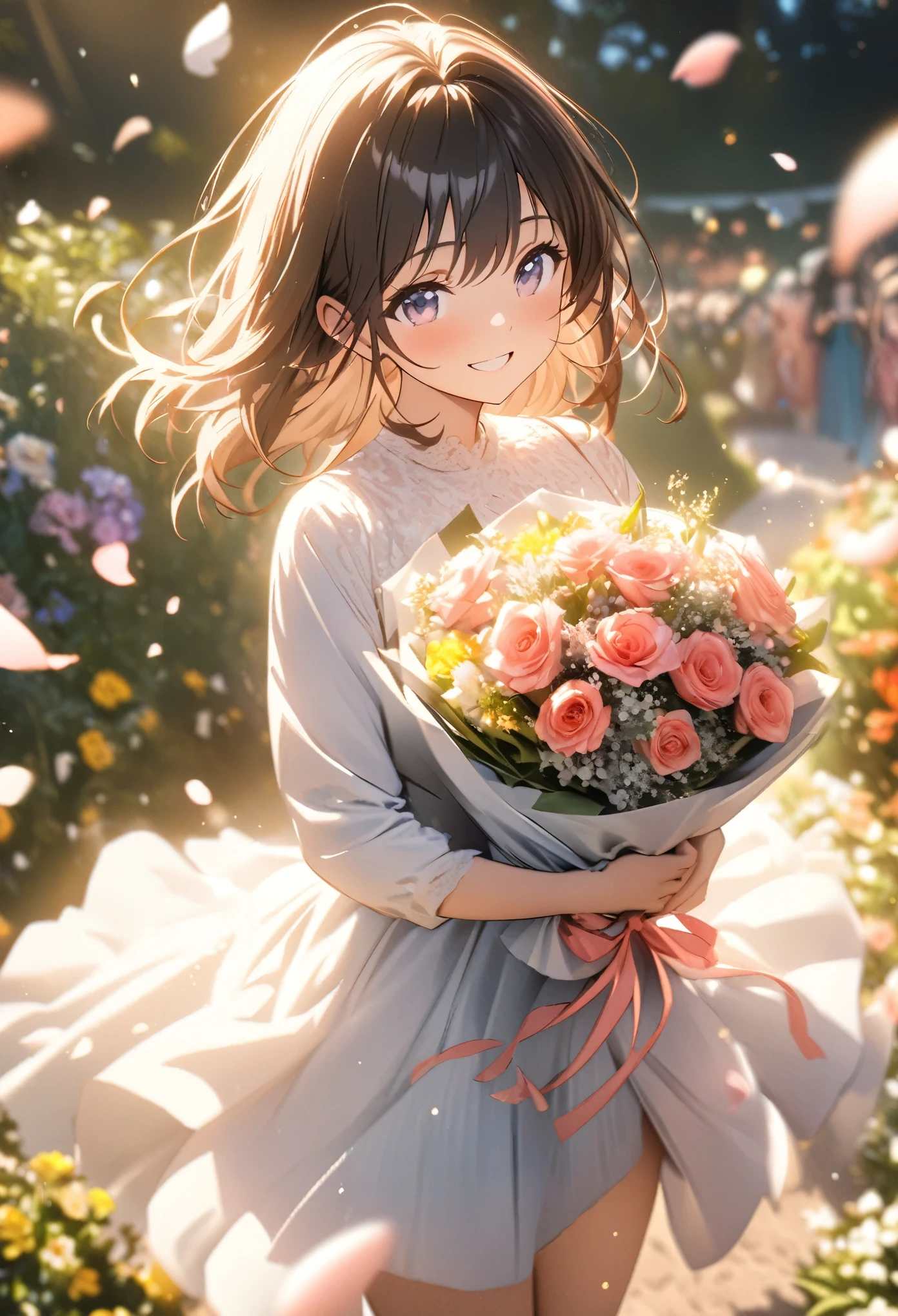 Anime, depth of field, cinematic lighting, lens flare, f/1.2, (Masterpiece: 1.2), (high resolution), flower garden, girl with a bouquet, smile of joy, dancing petals, light effects, emotion photo, full of kindness, (bouquet for you), masterpiece, highest quality, highly detailed CG Unity 8k wallpaper,