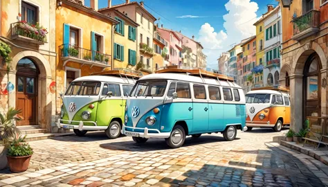 a picture of a van parked on a cobblestone street near the building., vw buses on the street, beautiful retro art, by bencho obr...