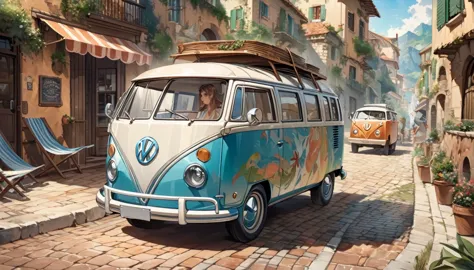 a picture of a van parked on a cobblestone street near the building., the only vw bus on the road, beautiful retro art, by bench...