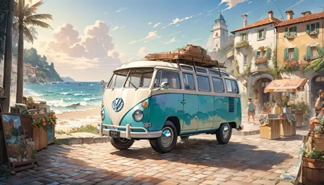 a picture of a van parked on a cobblestone street near the building., the only vw bus on the road, beautiful retro art, by bench...