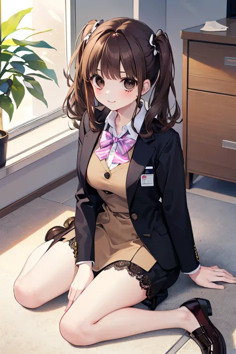 beautiful cute girl,((brown hair:1.2)),(medium wave hair:1.1),(beige eyes:1.2),(office lady:1.25),(uniform suit:1.2),((check pat...