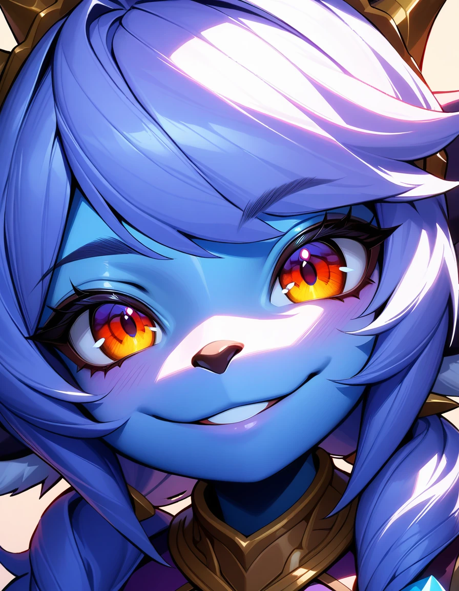 Tristana,(yordle),league of legends,(very beautiful:1.5),furry,beautiful smile, happiness,extremely detailed pupil,detailed iris, eyelashes, close up face, portrait, ((detailed skin)),(detailed face),(front view),ambient light,(intricate),((high detail)),(sharp focus),(safe content),(((artwork)),(best quality:1.5 ),4k,(absurd resolution),(Simple background),pixelsketcher