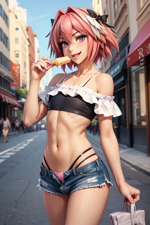 astolfo, Beautiful and slim perfect body, rasgos muy females, cuerpo female sexy muy delgado, flat chest, Pectorals, not breasts, very innocent smile, Girl, bright pink hair, spiky hair, short hair, a long braid, lock of white hair on left side, almost non-existent shorts, top that barely goes up the chest, off shoulder top, long fishnet stockings, female, small bulge in panties, Eating an ice-cream, walking down the street