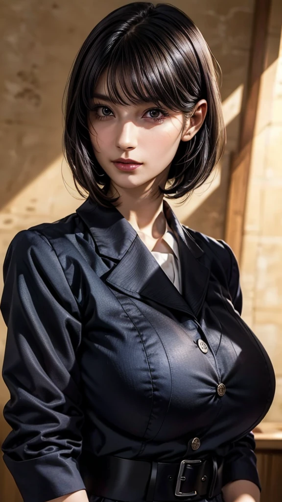 ((Beautiful Face:1.2)), (Purelos Face_v1: 1.0), Half Body,(Highest Resolution, clear_image) Highest quality, Single, One Woman, alone, masterpiece, Very detailed, (realistic), Black short hair, Black Hair, bangs, mature, ((JSDF uniform)), Indoor Background, kind, Authoritative, Powerful, Exquisite facial features, Exquisite facial features,((Natural big breasts:1.2))