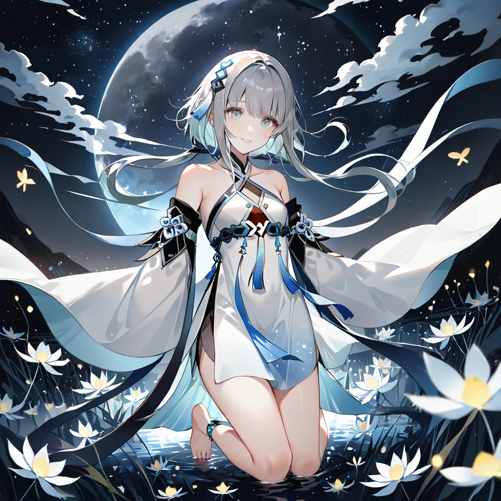 score_9, score_8_up, score_7_up, score_6_up,1girl, guizhong_\(genshin_impact\),(grey hair),short_hair_with_long_locks in front and low ponytail in back,gradient_hair,(pale grey eyes with seafoam gradient),starry_sky_print,detached_sleeves white outside blue starry inside, hands completely hidden by long sleeves,stunning field of softly glowing cerulean and white glaze lilies,night scene,gentle smile,face focus, eye focus,ladyshadow,moonlight,glossy lips,vivid anime coloring,cel shading,smooth, soft dreamy focus,anklet,halter_top,white clothes,highly detailed,digital painting,bare_shoulders,barefoot,cool night tones, magical night scene,geo crystalflies,professional,anemo colored fireflies,nebula of stardust and silvery vapor,harmonious blend of nature and art,transcendent beauty,awe-inspiring artwork,(best quality,4k,8k,highres,masterpiece:1.2),yunamaro,carnelian,dsmile,cosmic stardust,guizhong, guizhong's def clothes, 1girl, long hair, blue eyes, barefoot, guizhong's dress, hair ornament, chinese clothes, sleeves past fingers,