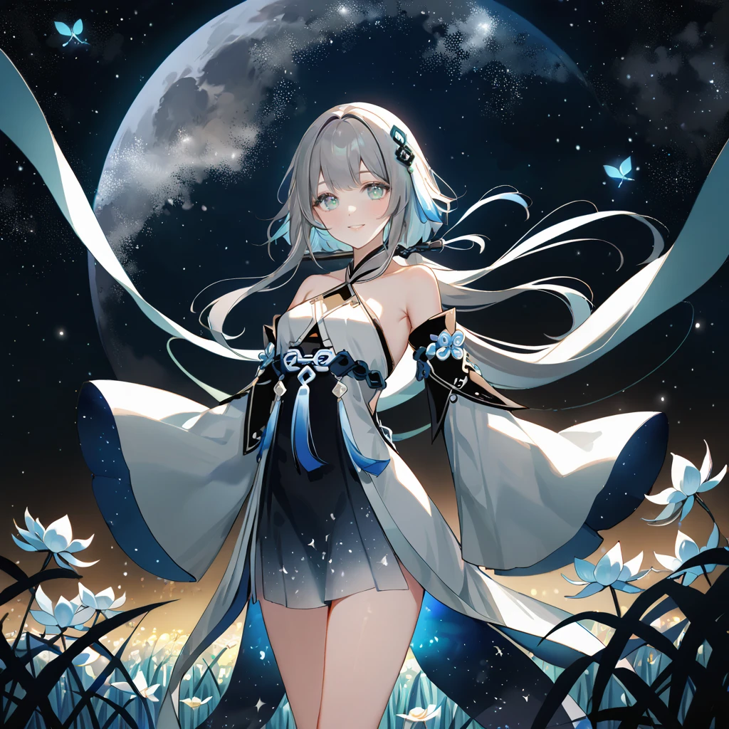 score_9, score_8_up, score_7_up, score_6_up,1girl, guizhong_\(genshin_impact\),(grey hair),short_hair_with_long_locks in front and low ponytail in back,gradient_hair,(pale grey eyes with seafoam gradient),starry_sky_print,detached_sleeves white outside blue starry inside, hands completely hidden by long sleeves,stunning field of softly glowing cerulean and white glaze lilies,night scene,gentle smile,face focus, eye focus,ladyshadow,moonlight,glossy lips,vivid anime coloring,cel shading,smooth, soft dreamy focus,anklet,halter_top,white clothes,highly detailed,digital painting,bare_shoulders,barefoot,cool night tones, magical night scene,geo crystalflies,professional,anemo colored fireflies,nebula of stardust and silvery vapor,harmonious blend of nature and art,transcendent beauty,awe-inspiring artwork,(best quality,4k,8k,highres,masterpiece:1.2),yunamaro,carnelian,dsmile,cosmic stardust,guizhong, guizhong's def clothes, 1girl, long hair, blue eyes, barefoot, guizhong's dress, hair ornament, chinese clothes, sleeves past fingers,