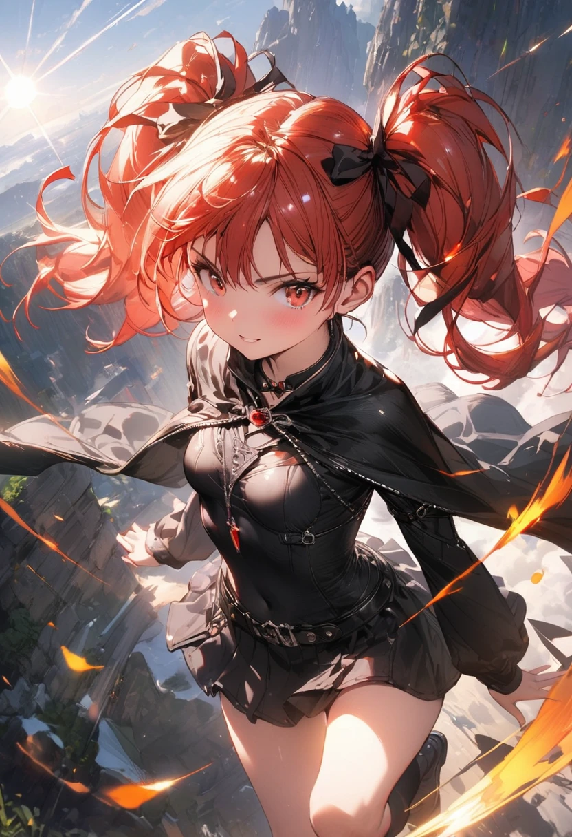 (masterpiece),(best quality),(ultra-detailed),(best illustration),(best shadow),(absurdres),(detailed background),(very aesthetic), wizzard, short hair, red hair, ((twin tail)), ((small_breasts)) ,red eyes, cloak, exposed belly, 1girl, legs exposed, strikes, Perfect face, short skirt, ((black clothes)) ,knee socks,add_detail:1, add_detail:0, add_detail:0.5, moody light，and the sun was shining brightly，8k，hyper-detailing
