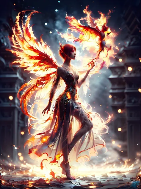 frontal, close up, floating in the air, ((1 woman, she is a fire fairy, alone, luminescent red hair, medium and shiny hair, thic...