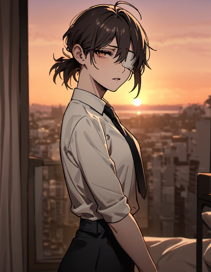 
mature, golden eyes, looking at viewer, female, bedroom background, messy hair, light dark short hair, ponytail, parted lips, hair between eyes, ahoge, emotionless, tired eyes, standing, from the side, black pants, white shirt, medical eye patch, black tie, sunset