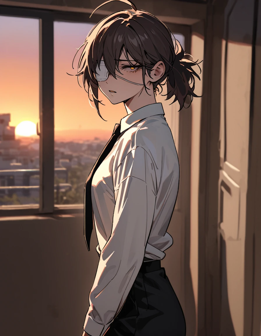 
mature, golden eyes, looking at viewer, female, bedroom background, messy hair, light dark short hair, ponytail, parted lips, hair between eyes, ahoge, emotionless, tired eyes, standing, from the side, black pants, white shirt, medical eye patch, black tie, sunset