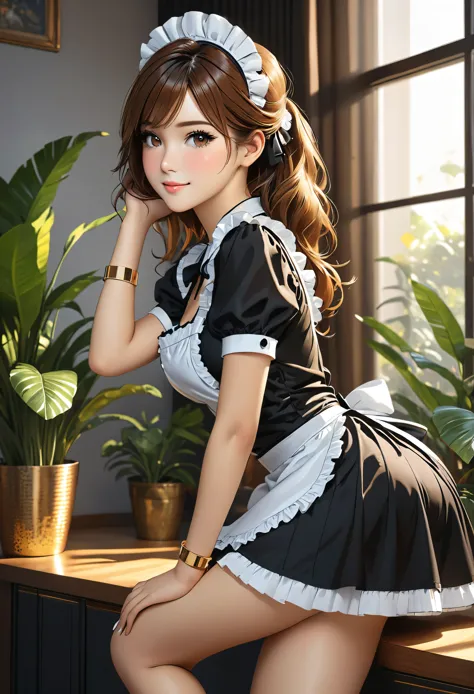 (young woman:1.5), (sexy maid outfit, black high heels, golden bracelet:1.2), long brown hair, brown eyes, (cheeky smilie), deta...