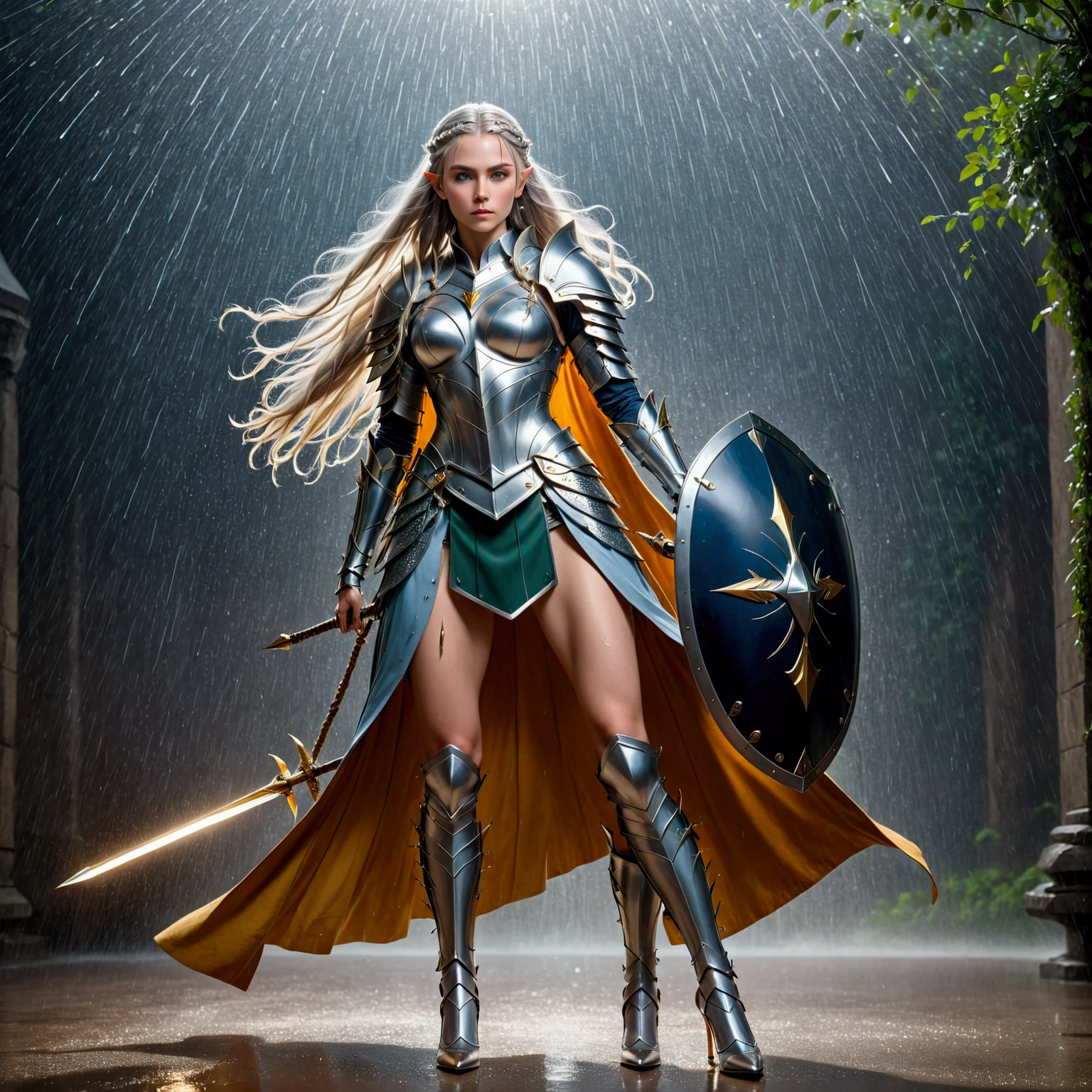 image of a {1elven stunning pose, WARRIOR, standing elegant still, photo_model pose, holding sword, bright shining(ARMOR AND SHIELD) royal regalia robe, perfect proportional anatomy, girl with high heels, silver long hair, multi braid hair, bright shining armor, rain of arrows, battlefight, UHD, intricate detailed, 8k, best quality ever, masterpiece, super detailed, unleashed creativity, beyond imagination, dramatic light, gradient motion color background}, rough, massive bright shining  light all over the background, arrows rain, weathered and textured, slow shutter speed motion photography, shot on Fuji Film XT4 camera f/1.5. ISO 200