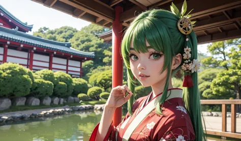 green hair girl, at japanese festival, dressed for japanese festival, traditional clothing, japanese festival background