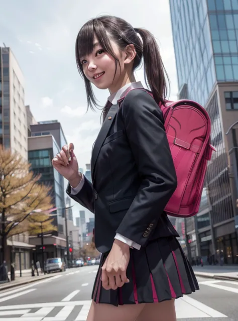 raw photos, portraiture, highest quality, high resolution、a woman with a bright smile is carrying a school bag.、wearing a busine...