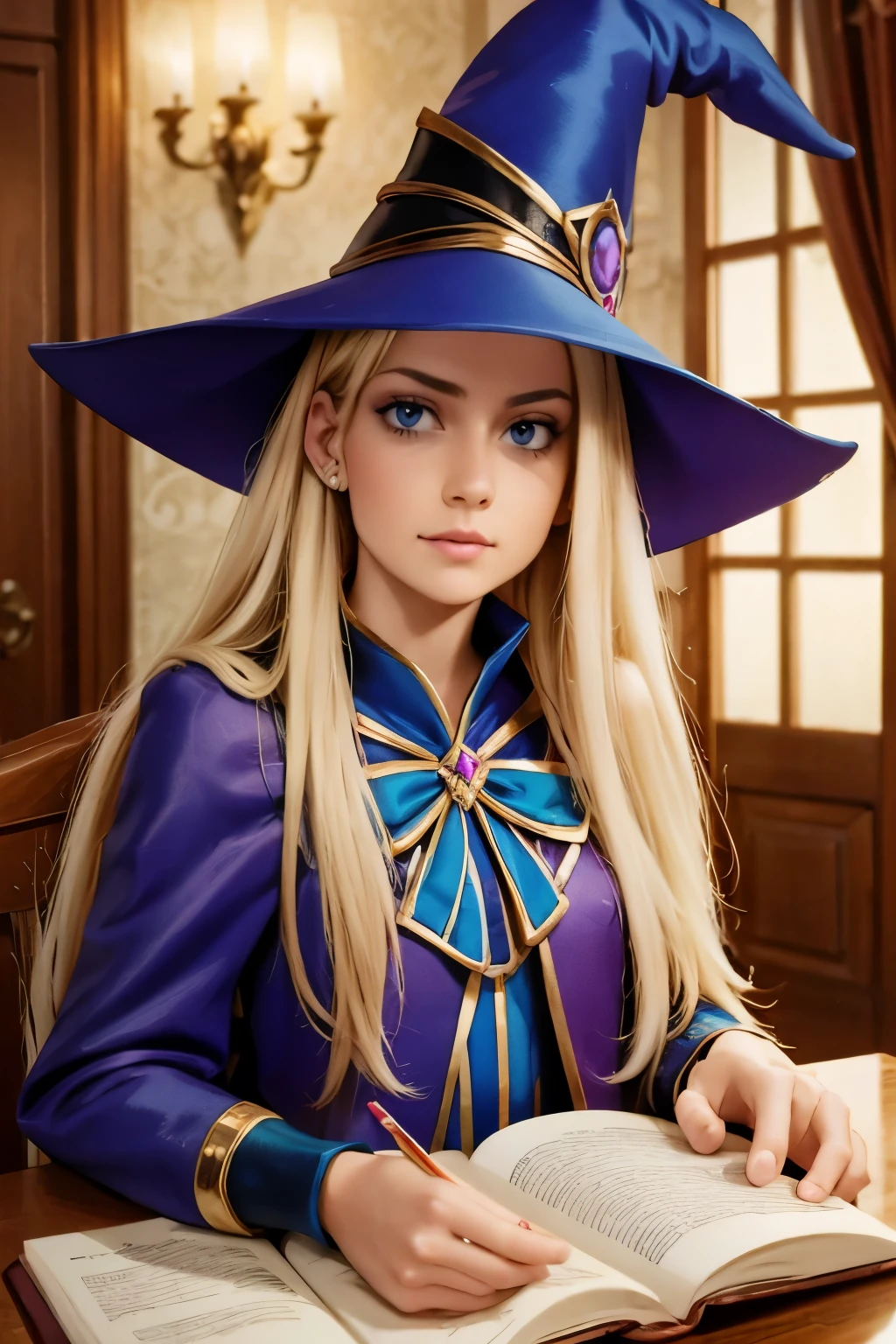 dark magician girl, masterpiece, best quality, (1girl), solo, (water), long hair, blonde hair, blue headwear, wizard hat, spell casting, castle, castle:2, motion blur, book, magic, (moonlight:1.2), chromatic aberration, depth of field, soft lighting, highly detailed face, highly detailed eyes, 