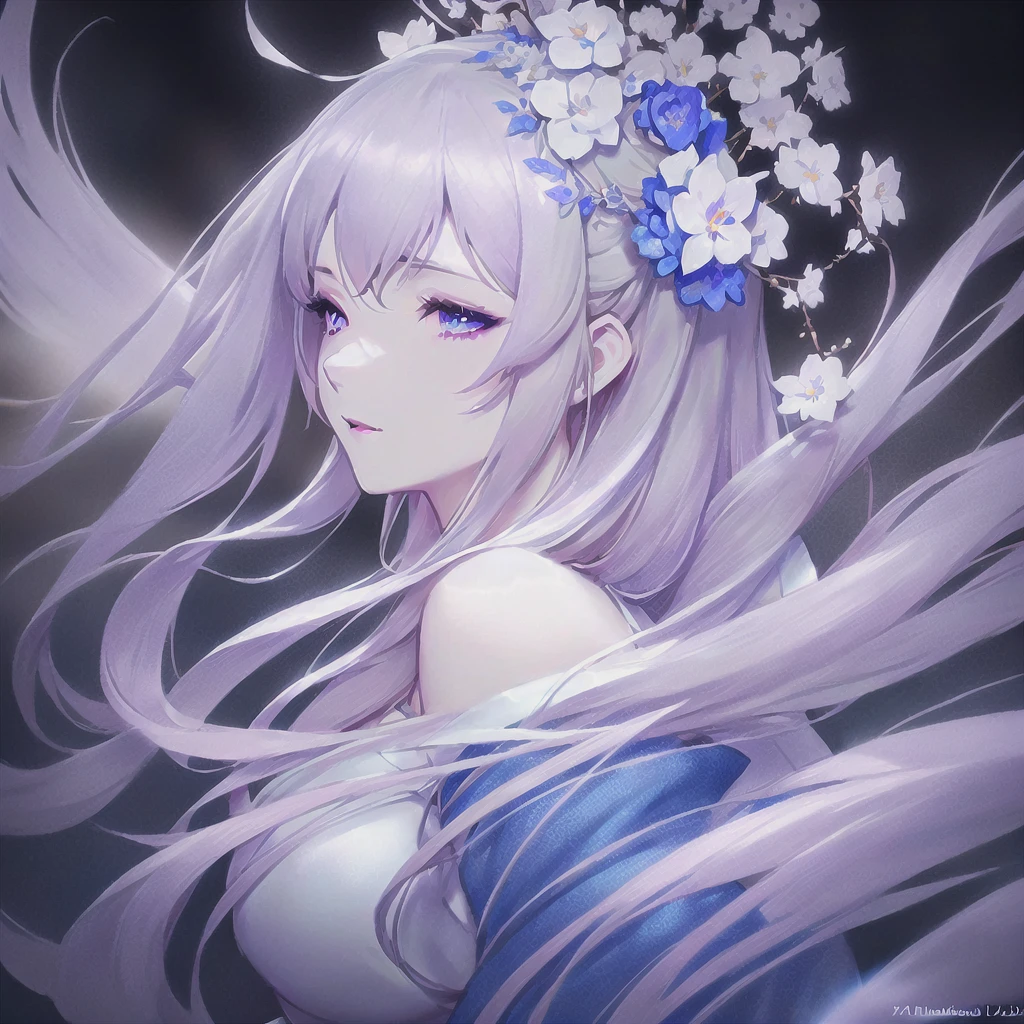 Anime girl with long white hair and blue dress with white flowers, violet eyes., detailed fanart, [ Artedigital 4K ]!!, highly detailed exquisite fanart, Digital art on Pixiv, detailed digital animated art, 8K high quality detailed art, digital animated art, guweiz style artwork, made with anime painter studio, ! dream art germ, fanart best art station