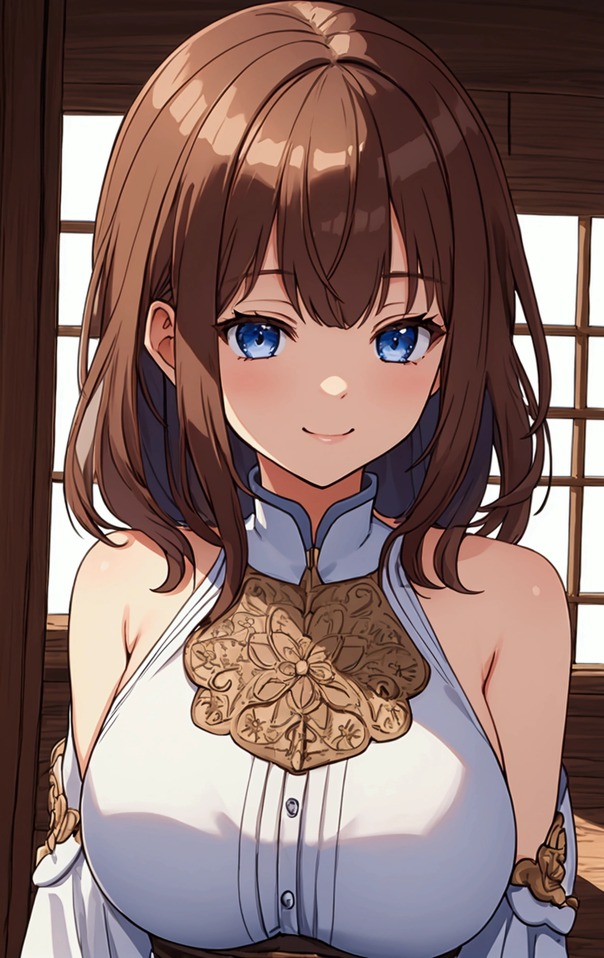 (masterpiece: 1.2, Highest quality), (Intricate details), 1. Female, alone, whole body, casual, Shoulder-length hair, Brown Hair，Minimal makeup, Natural materials, Face close-up, smile, Home, A face stolen from someone else, blue eyes, Big Breasts, NSFW