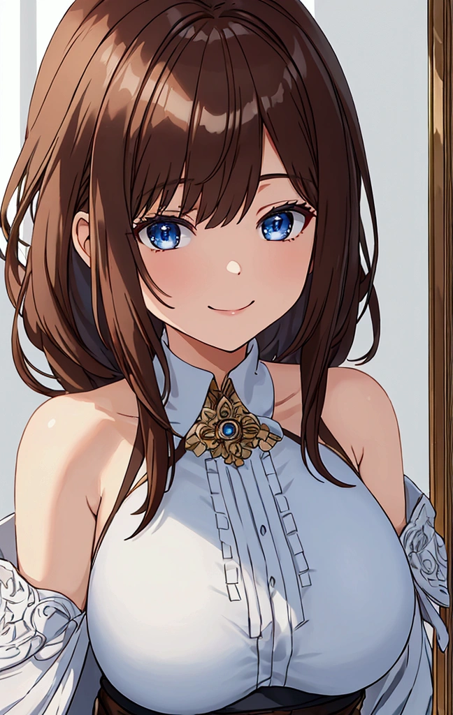 (masterpiece: 1.2, Highest quality), (Intricate details), 1. Female, alone, whole body, casual, Shoulder-length hair, Brown Hair，Minimal makeup, Natural materials, Face close-up, smile, Home, A face stolen from someone else, blue eyes, Big Breasts, NSFW