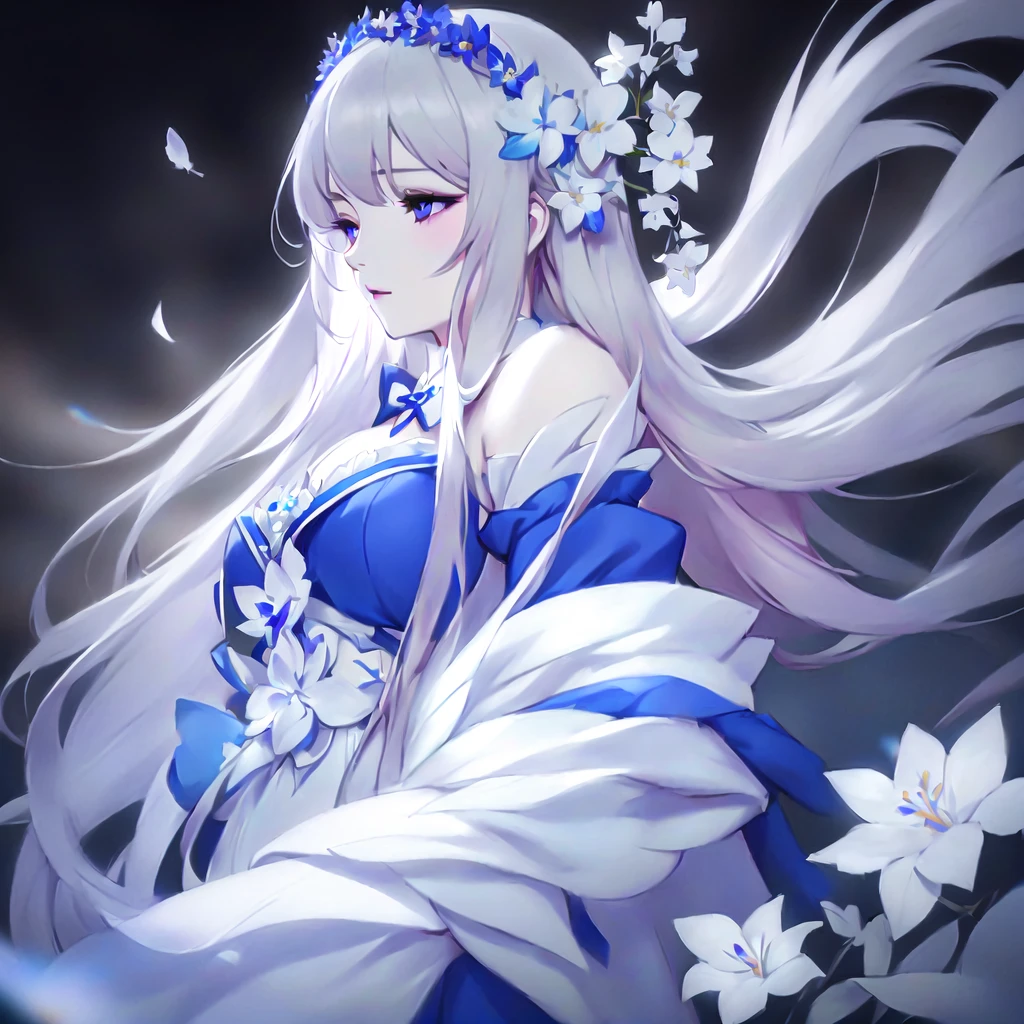 Anime girl with long white hair and blue dress with white flowers, violet eyes., detailed fanart, [ Artedigital 4K ]!!, highly detailed exquisite fanart, Digital art on Pixiv, detailed digital animated art, 8K high quality detailed art, digital animated art, guweiz style artwork, made with anime painter studio, ! dream art germ, fanart best art station