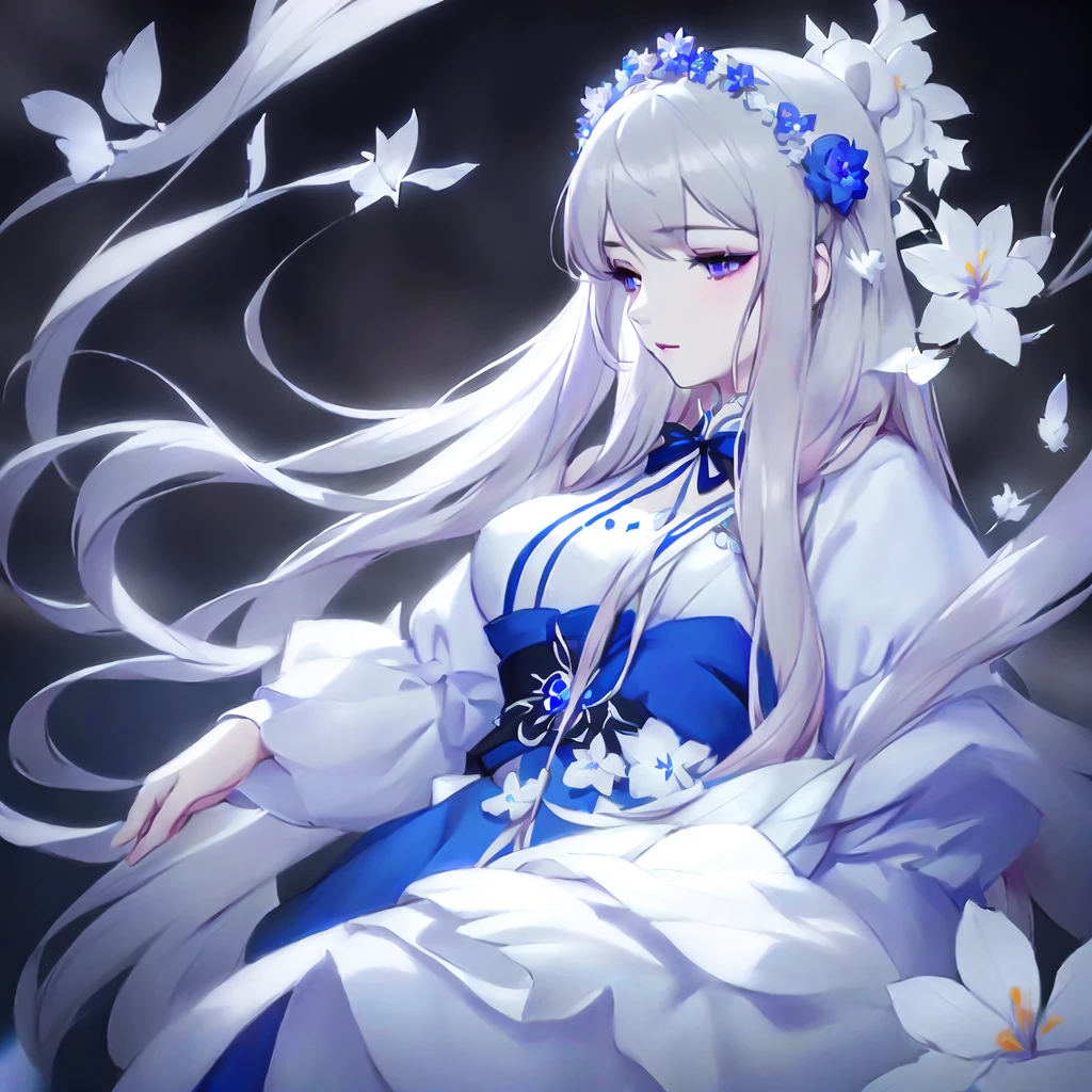 Anime girl with long white hair and blue dress with white flowers, violet eyes., detailed fanart, [ Artedigital 4K ]!!, highly detailed exquisite fanart, Digital art on Pixiv, detailed digital animated art, 8K high quality detailed art, digital animated art, guweiz style artwork, made with anime painter studio, ! dream art germ, fanart best art station