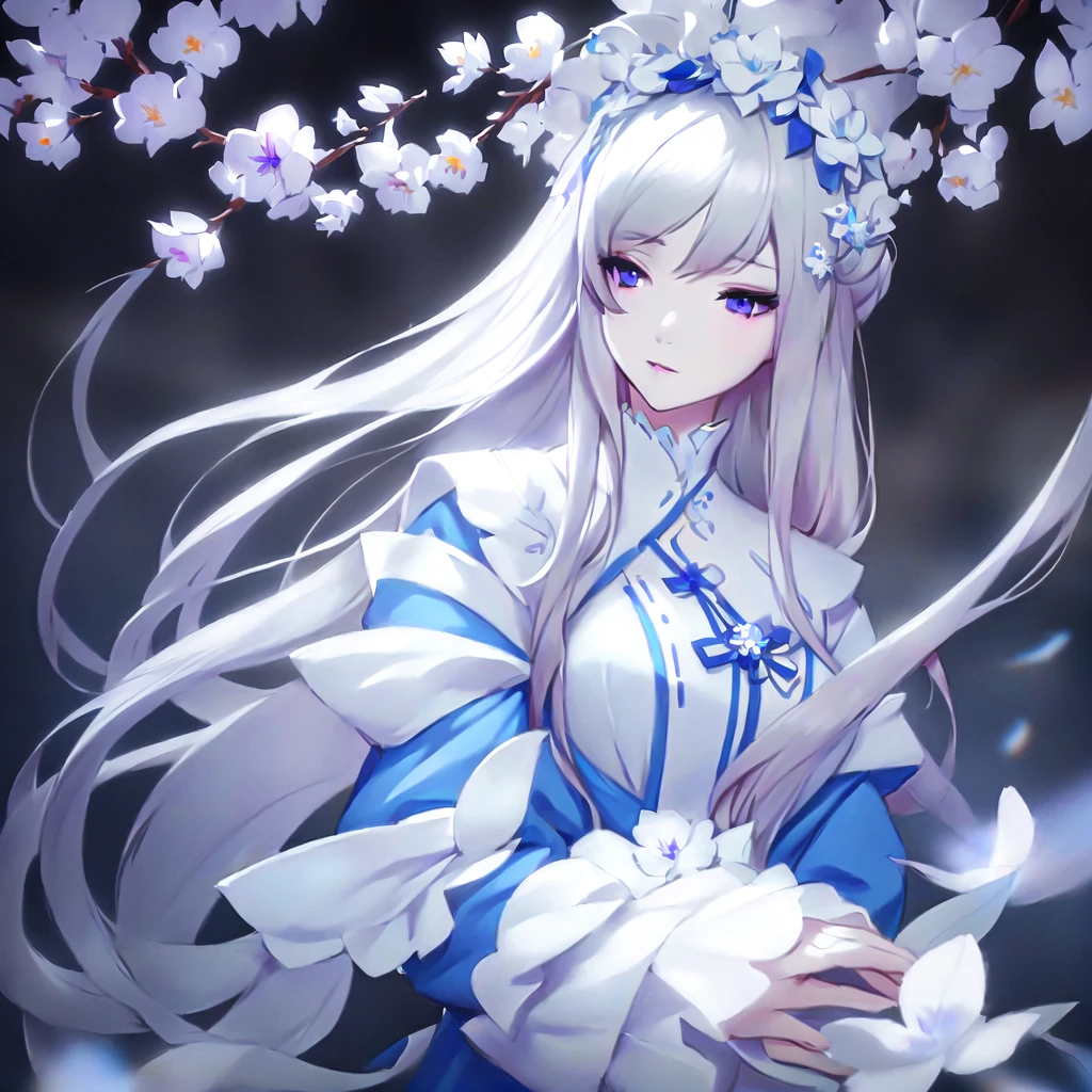 Anime girl with long white hair and blue dress with white flowers, violet eyes., detailed fanart, [ Artedigital 4K ]!!, highly detailed exquisite fanart, Digital art on Pixiv, detailed digital animated art, 8K high quality detailed art, digital animated art, guweiz style artwork, made with anime painter studio, ! dream art germ, fanart best art station