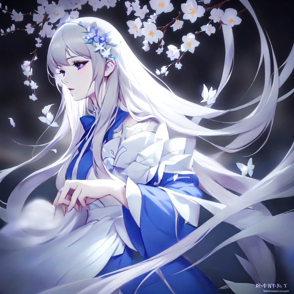 Anime girl with long white hair and blue dress with white flowers, violet eyes., detailed fanart, [ Artedigital 4K ]!!, highly detailed exquisite fanart, Digital art on Pixiv, detailed digital animated art, 8K high quality detailed art, digital animated art, guweiz style artwork, made with anime painter studio, ! dream art germ, fanart best art station