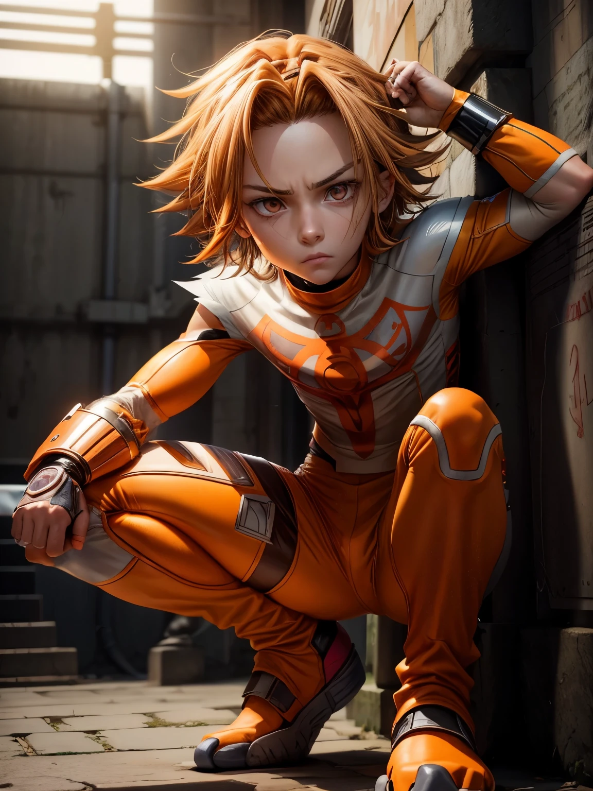 Gender: male
Eye color: orange
Physical appearance: handsome,13 years old teenage boy,has a tube oxygen, 
Description: rebellious, artistic,power ranger style, and cynical.