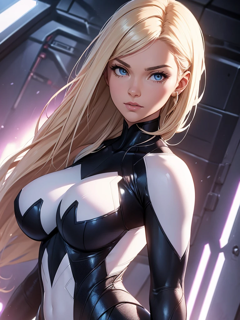 Gwen in the x-men in her new spider x-men suit,Solo, High Resolution, Masterpiece, Best Quality, High Details, High Quality, Large breasts, adult woman,