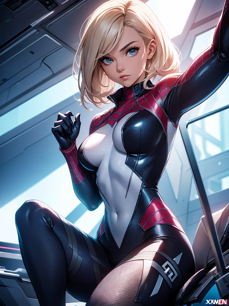 Gwen in the x-men in her new spider x-men suit,Solo, High Resolution, Masterpiece, Best Quality, High Details, High Quality, Large breasts, adult woman,