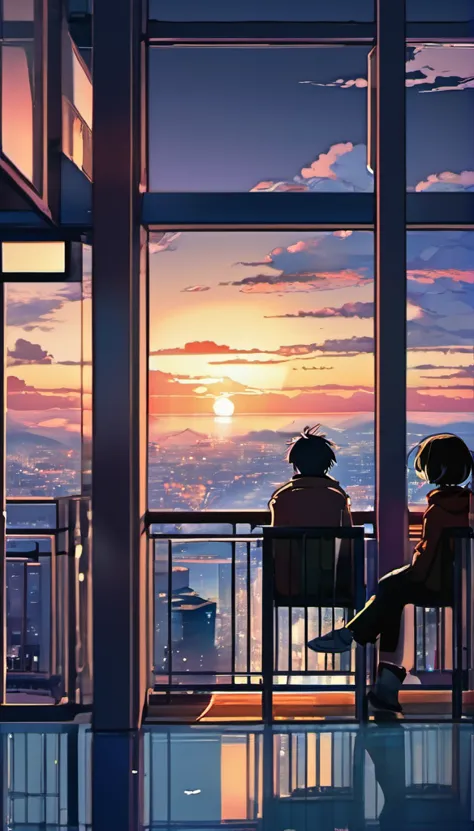 anime couple sitting on a balcony watching the sunset, watching the sunset. anime, lofi artstyle, anime background art, anime st...