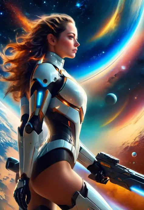 space woman standing on the edge of horizon looking at the view and viewer, sci fi art style of the masters,