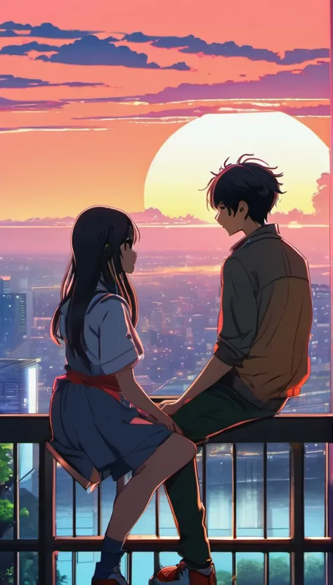 anime couple sitting on a balcony watching the sunset, watching the sunset. anime, lofi artstyle, anime background art, anime st...