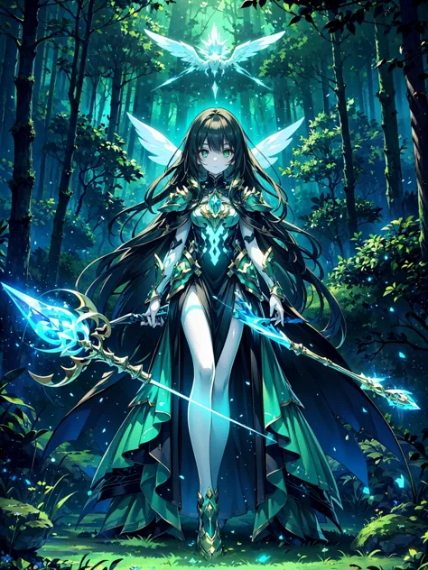 (((masterpiece, best quality, 16k))) female character with long black hair and glowing green eyes. she wears an ethereal armor i...