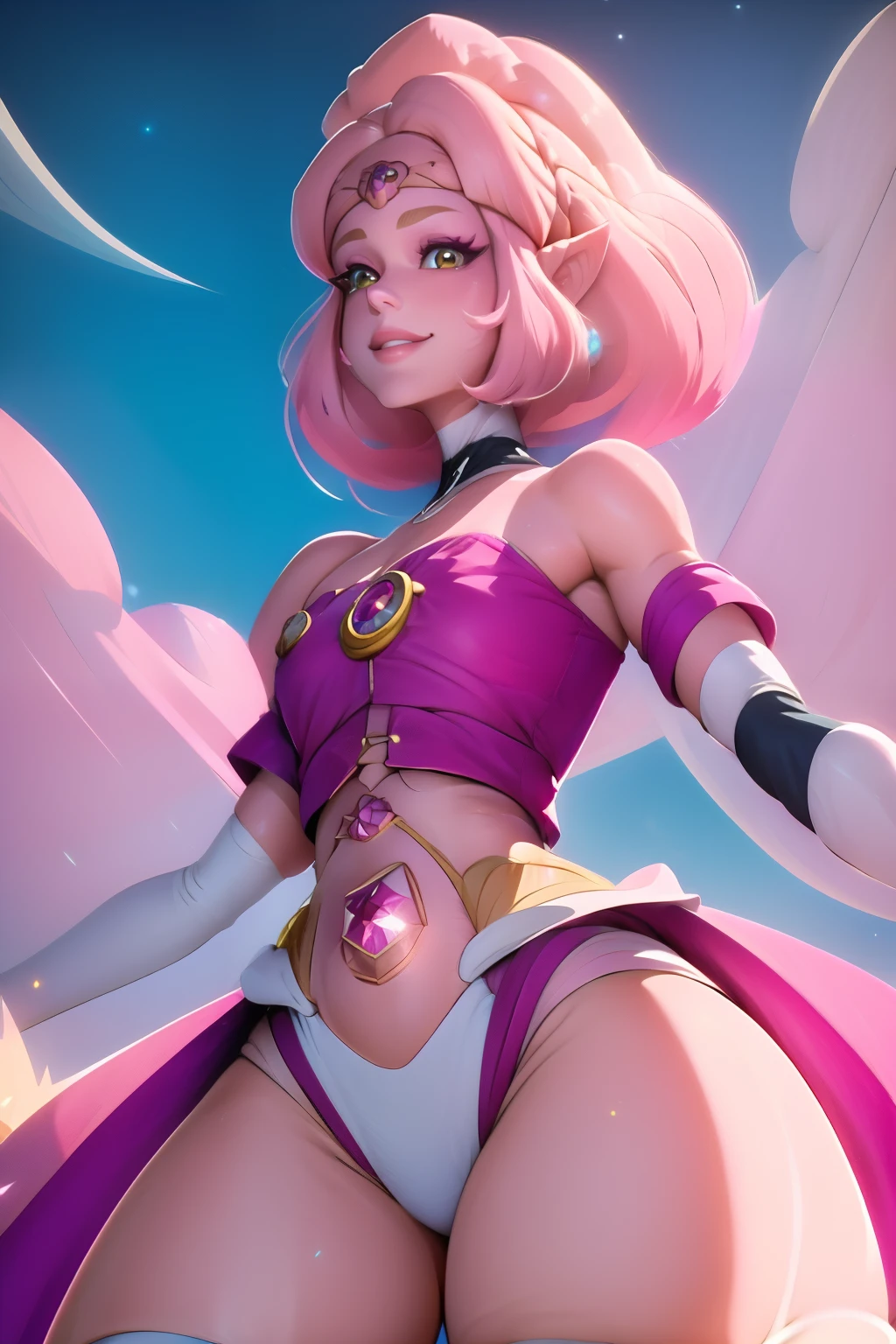 pnkdamond, pink hair, pink eyes,  long hair,  stomach gem,  pink skin,  toned, 
puffy short sleeves, elbow gloves ,  white thighs,   Puffy dress, 
standing, Upper part of the body, 
 outer space,  
(incredibly detailed, beautiful detailed face,Beautiful detailed eyes, Masterpiece, Best Quality) cinematic lighting,  SMILE, 
 