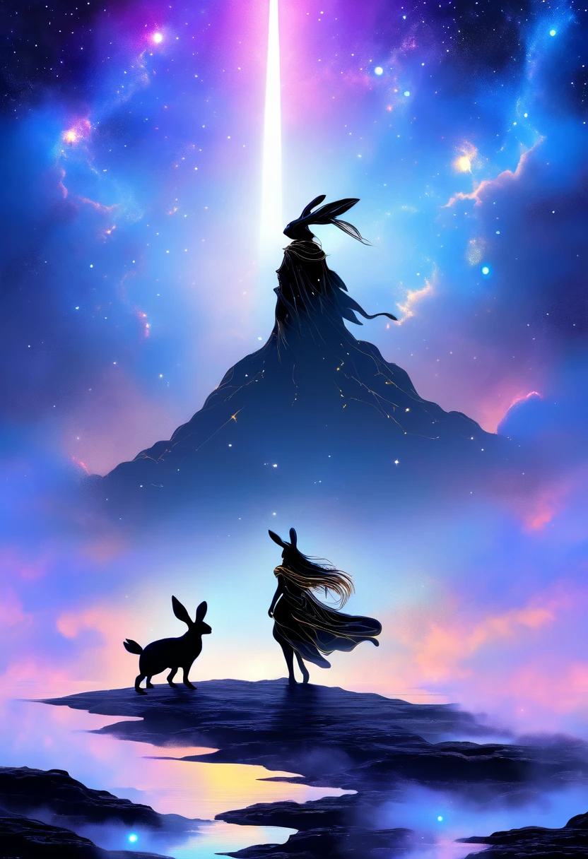 space woman standing on the edge of horizon looking at eternity, Luke, sci fi art style of the masters, Old golden adventurer riding a gigantic black rabbit as a steed, fantasy, digital art