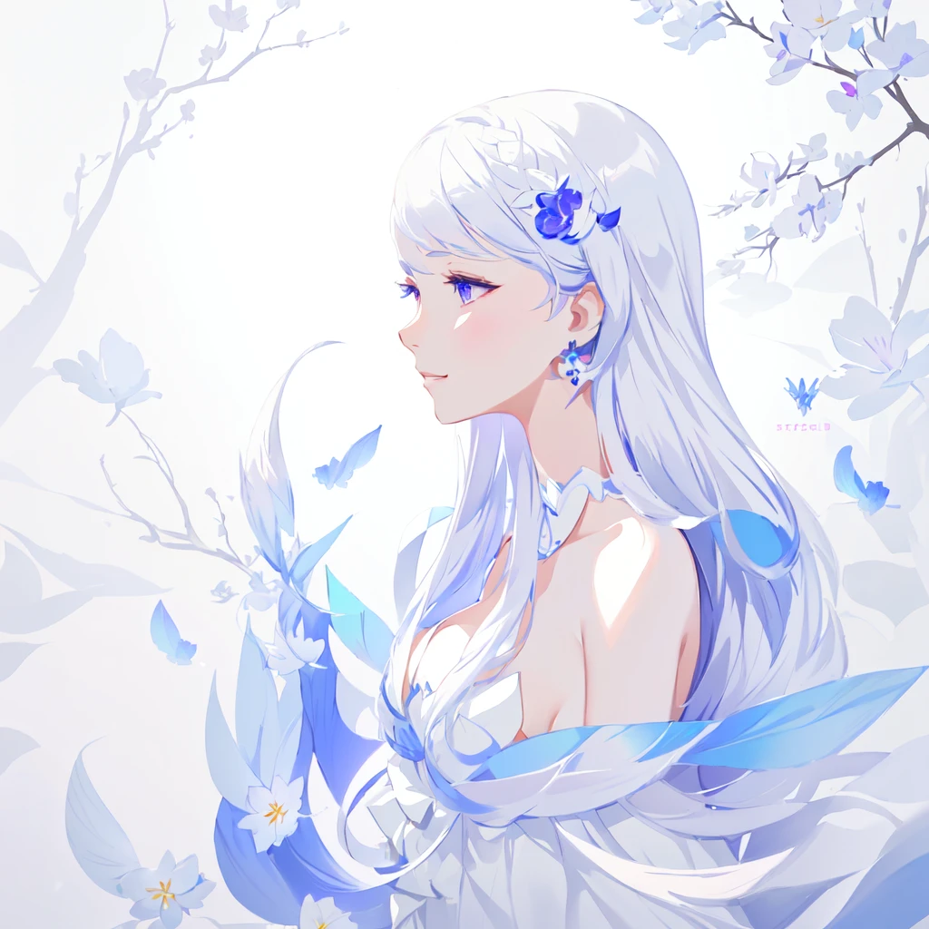 Anime girl with long white hair and blue dress with white flowers, violet eyes, smile., detailed fanart, [ Artedigital 4K ]!!, highly detailed exquisite fanart, Digital art on Pixiv, detailed digital animated art, 8K high quality detailed art, digital animated art, guweiz style artwork, made with anime painter studio, ! dream art germ, fanart best art station