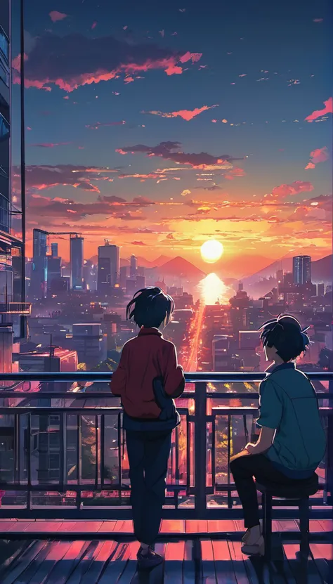 anime couple sitting on a balcony watching the sunset, watching the sunset. anime, lofi artstyle, anime background art, anime st...