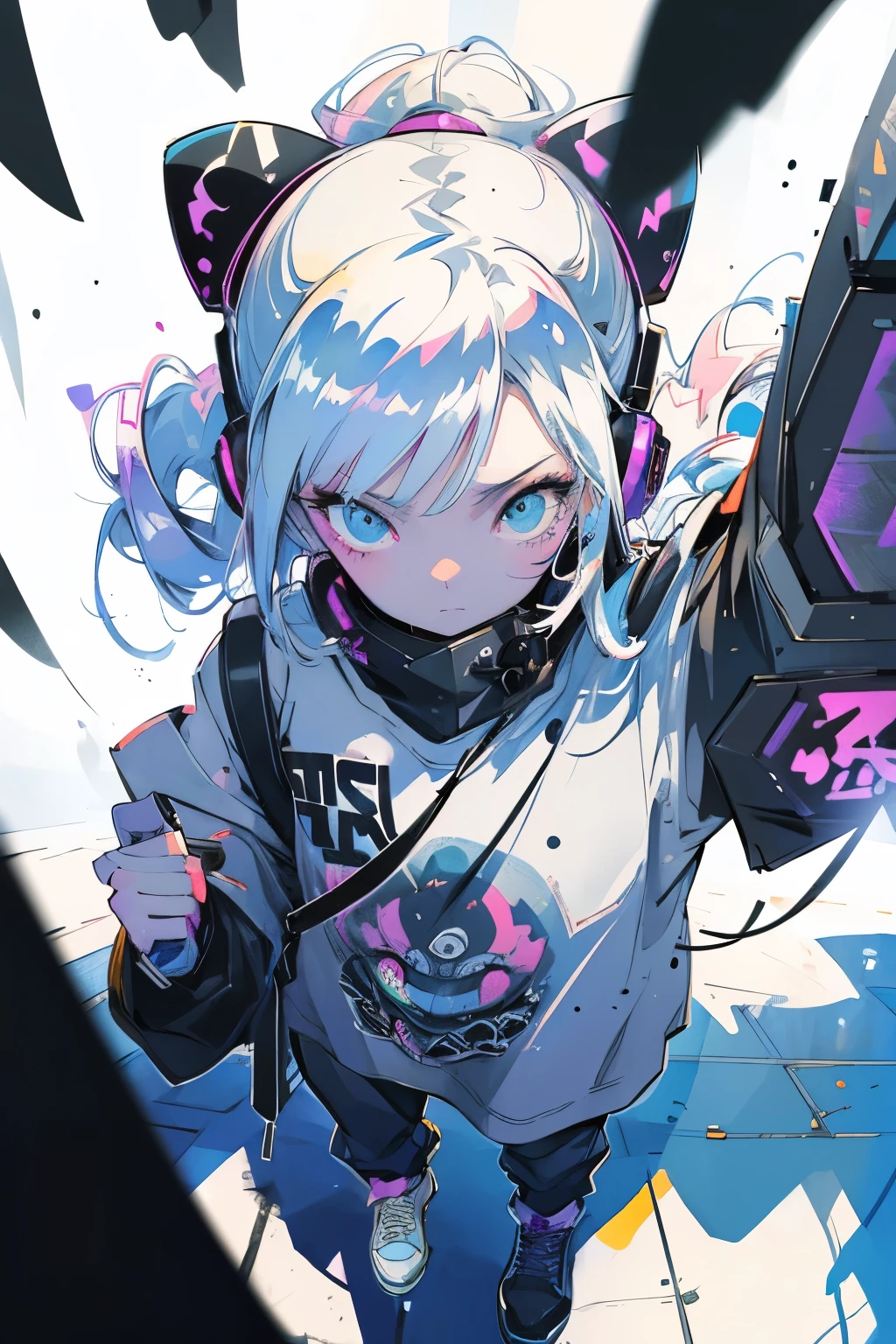 (zero), Highest quality,Pixiv, Fairytale Style, , From above, Face masks, drill hip hop, graffiti、simple, trap, Beautiful Face, Woman with a spray can, Underground, Lo-fi hip hop , dark,retrospective, flat, 2.5D ,Line art, Digital ink drawing, Big incline, watercolor, Studio Ghibli style, amazing colors, Out turn, Arte zero,90s Style,Old Texture, amplitude,90s vibe, Master Parts,