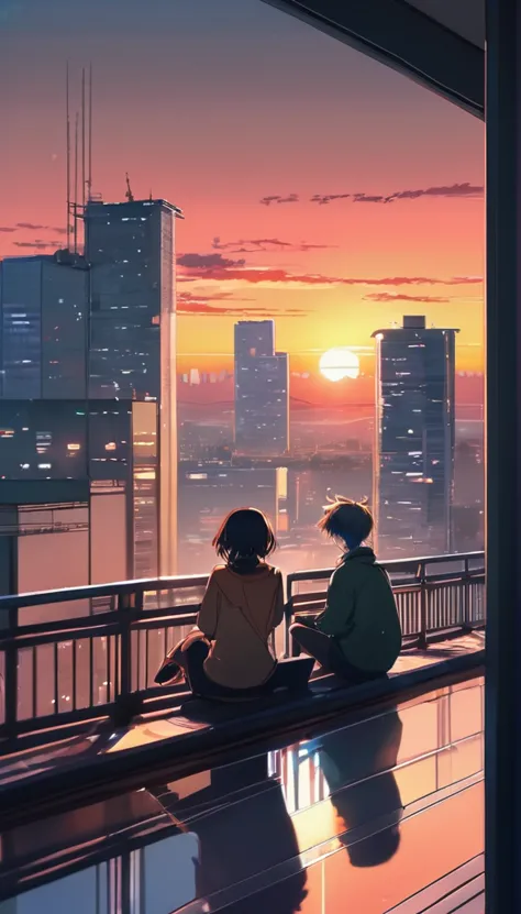 anime couple sitting on a balcony watching the sunset, watching the sunset. anime, lofi artstyle, anime background art, anime st...