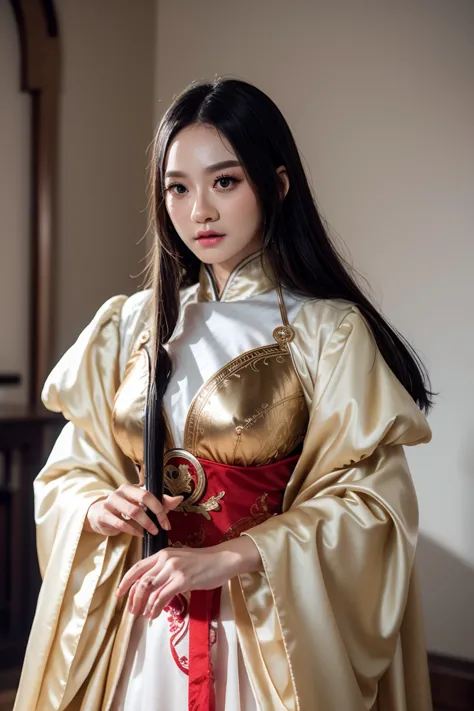 a girl, wearing hanfu, holding a sword, (negative space:1.2), gold and white and red hue, white background, (cinematic lighting,...